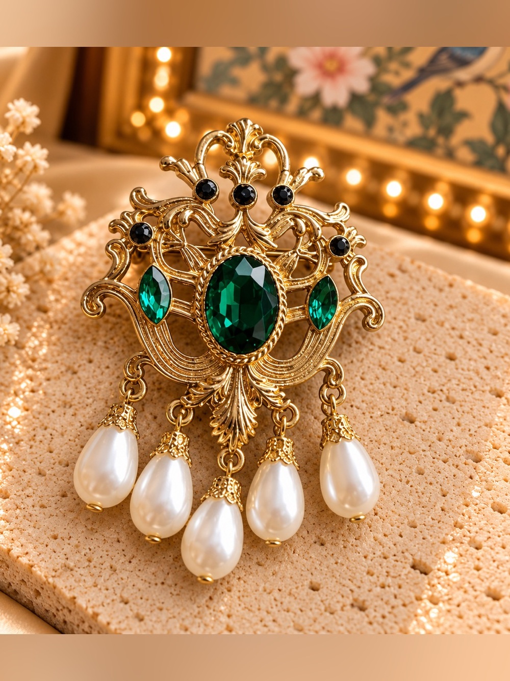 Emerald Green Pearl Drop Vintage Style Statement Brooch
